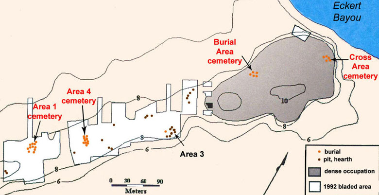 Photo of Mitchell Ridge site map highlighting the location of the four cemeteries and one isolated burial documented by archeological investigation.