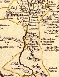 Map of New Spain, 1768, with New Mexico (including the El Paso valley) encircled in gold and Provincia de los Tejas on right