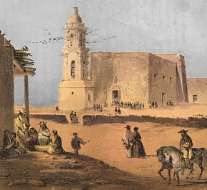 “The Plaza and Church of El Paso,” painted by artist A. de Vauducourt during the 1850s