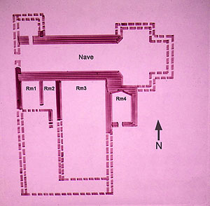 Plan of Old Socorro Mission, showing outlines of actual walls (solid lines) and inferred walls (dashed lines)