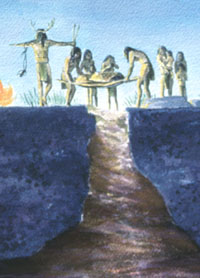 Scene showing an Early Archaic burial ceremony at Seminole Sink as envisioned by artist Nola Davis. Courtesy of the Texas Parks and Wildlife Department. Original on display at Seminole Canyon State Park.