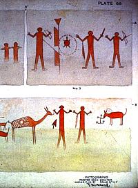 Example of one of Forest Kirkland's original watercolors of pictograph panels at Painted Rock Shelter in Painted Canyon, a small side canyon of the Rio Grande near Comstock, Texas.