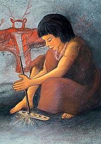 Girl uses fire drill and hearth in Lower Pecos rockshelter as envisioned by artist Reeda Peel.