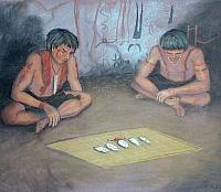 Four painted pebbles and a handful of Mountain Laurel beans rest on a mat in front of two men in a painted cave in a scene envisioned by artist Reeda Peel.