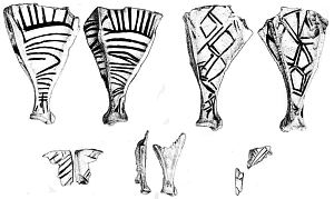 Drawings of two complete painted deer scapulae, and three fragmentary specimens recovered during excavations in the late 1990s.
