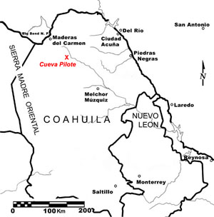 Map of the state of Coahuila showing the approximate location of Cueva Pilote. 
