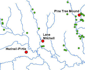 Map of the north side of the Sabine River valley near the Pine Tree Mound site