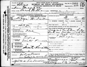 Image of the 1921 death record for Sarah Williams