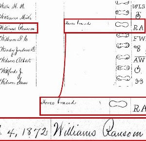 Image of the horse brand registration for Ransom Williams from April 1872