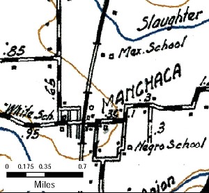 Map of Manchaca, Texas, showing segregated schools. While this map is from the 1930s