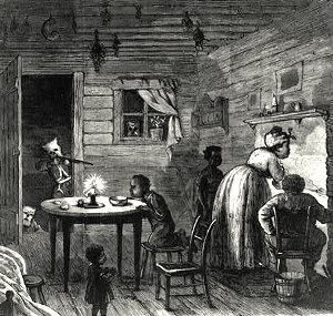 1870s depiction of a Klansman pointing a rifle through the doorway