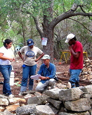 Photo of Principal Investigator Doug Boyd going over excavation notes for the house and chimney area with field crew