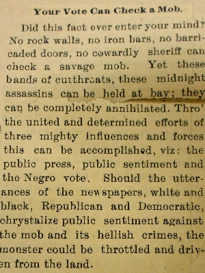 image of an 1896 article in The Searchlight titled "Your Vote Can Check a Mob"