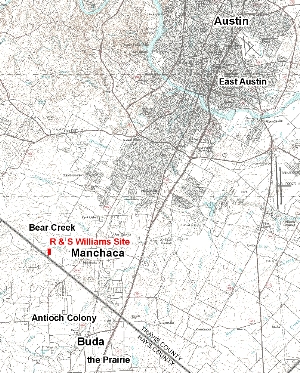 Map of southern Travis and northern Hays Counties showing the location of the Williams Farmstead 