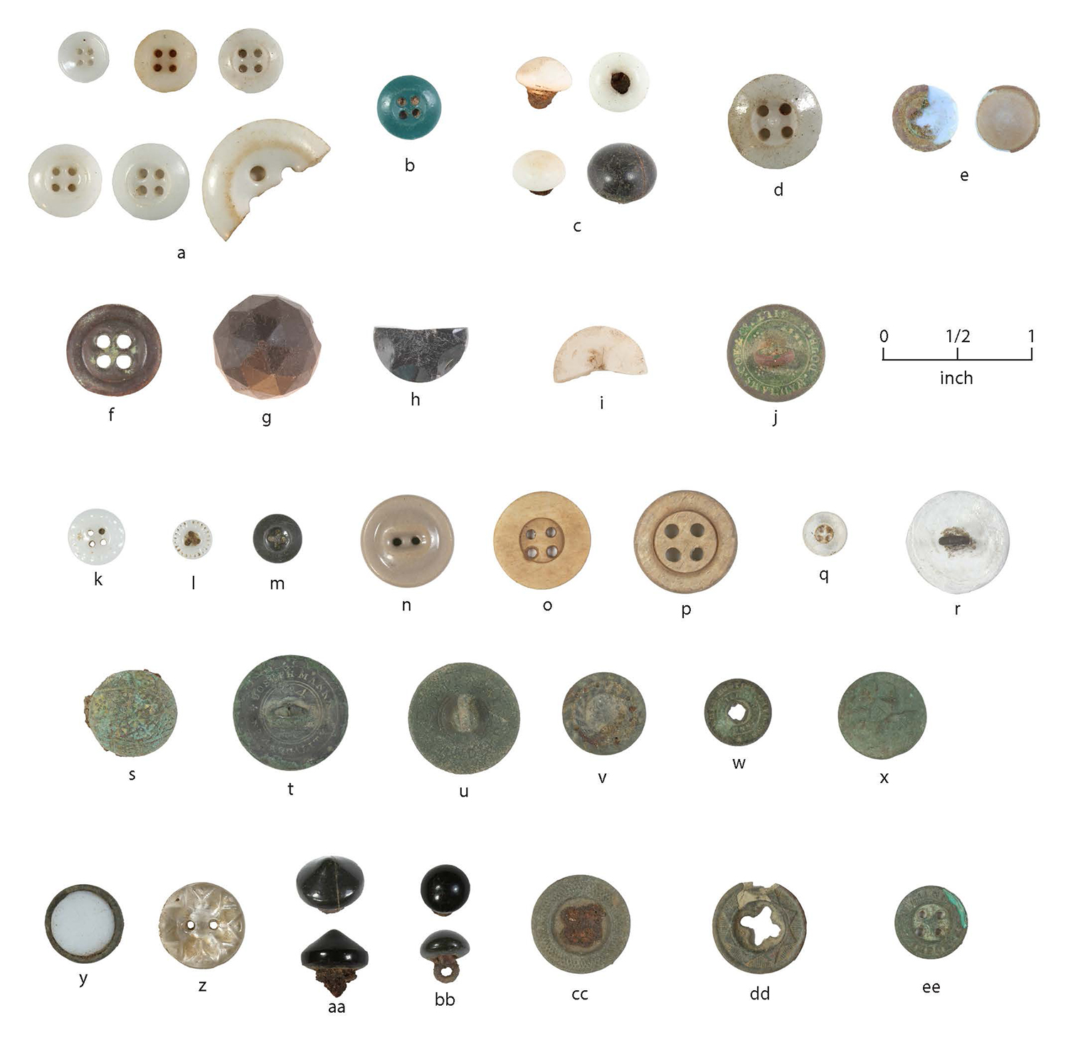 Dozens of buttons from the 19th century, on a white background with a scale bar.