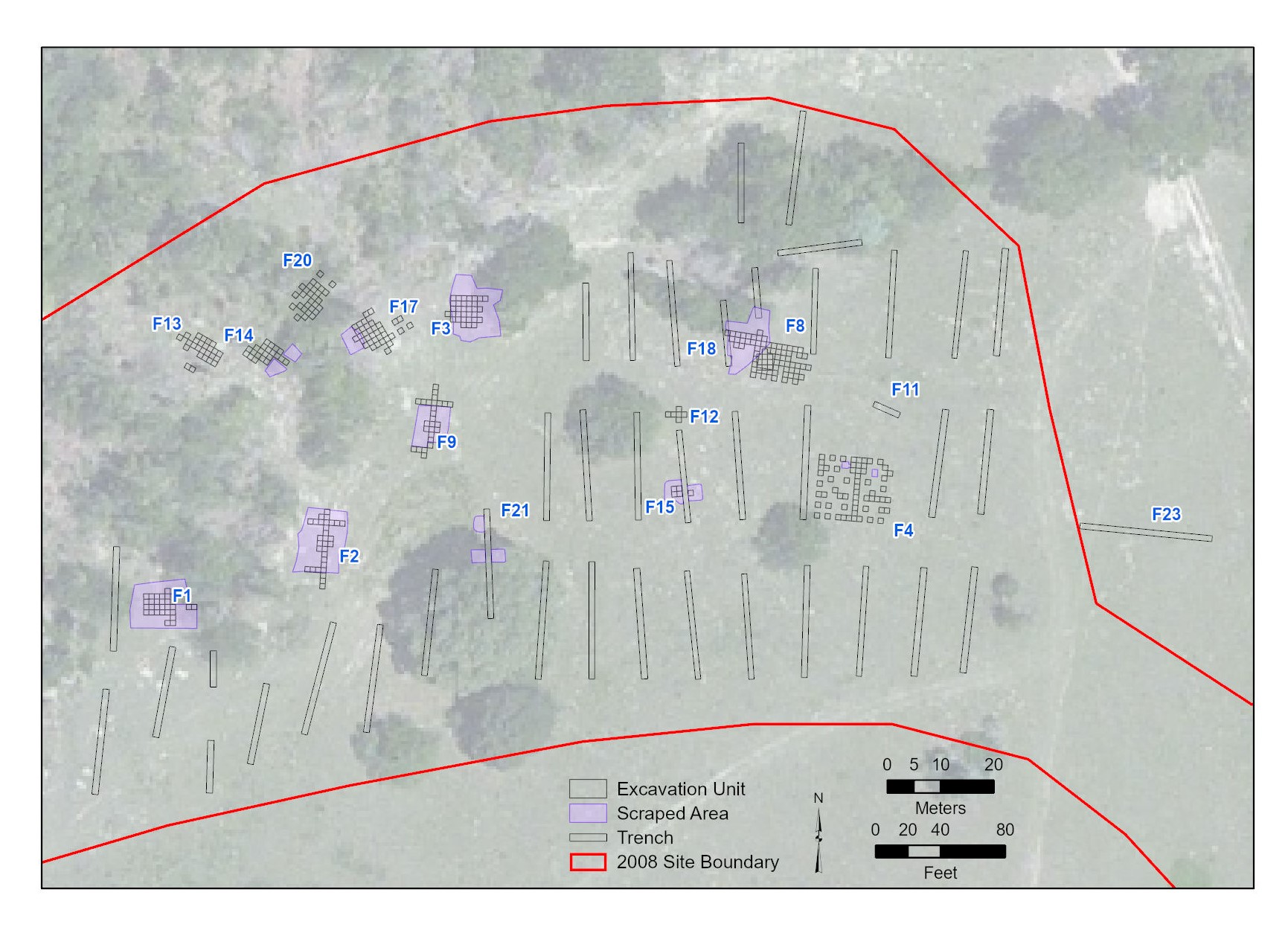 Graphic with a map of excavation areas superimposed on an aerial photograph.