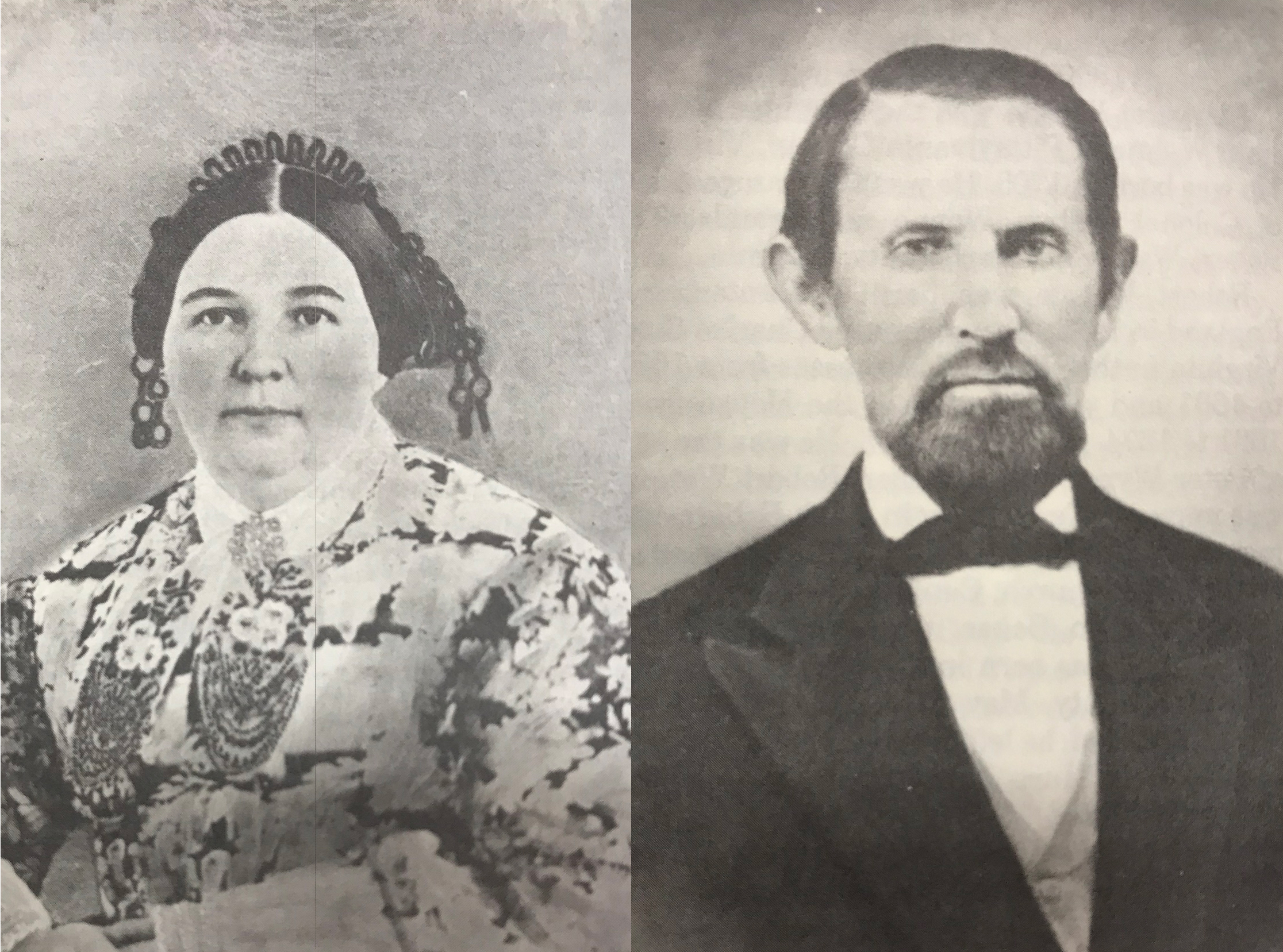 Two indivual black and white portraits of the Hendrick couple side-by-side, with the matriarch on the left wearing an elaborate hair adornment and the patriarch on the right in a suit.
