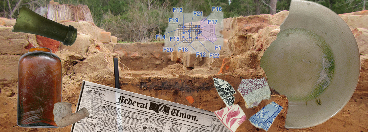 Collage of historic artifacts such as bottle fragments imposed on background photo of archeological dig