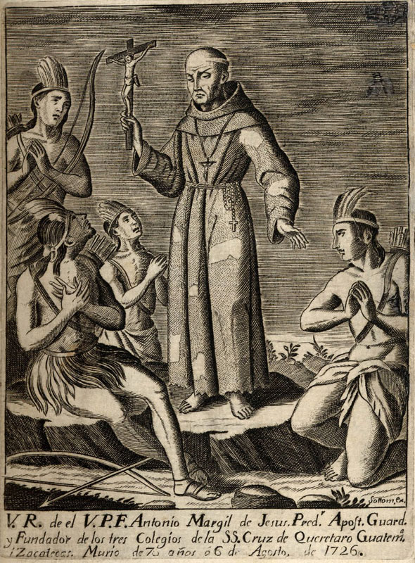Drawing of Spanish missionary holding cross surrounded by attentive American Indians.