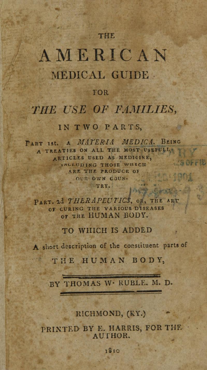Color scan of the title page of an aged copy of 'The American Medical Guide for the Use of Families,' dated 1810.