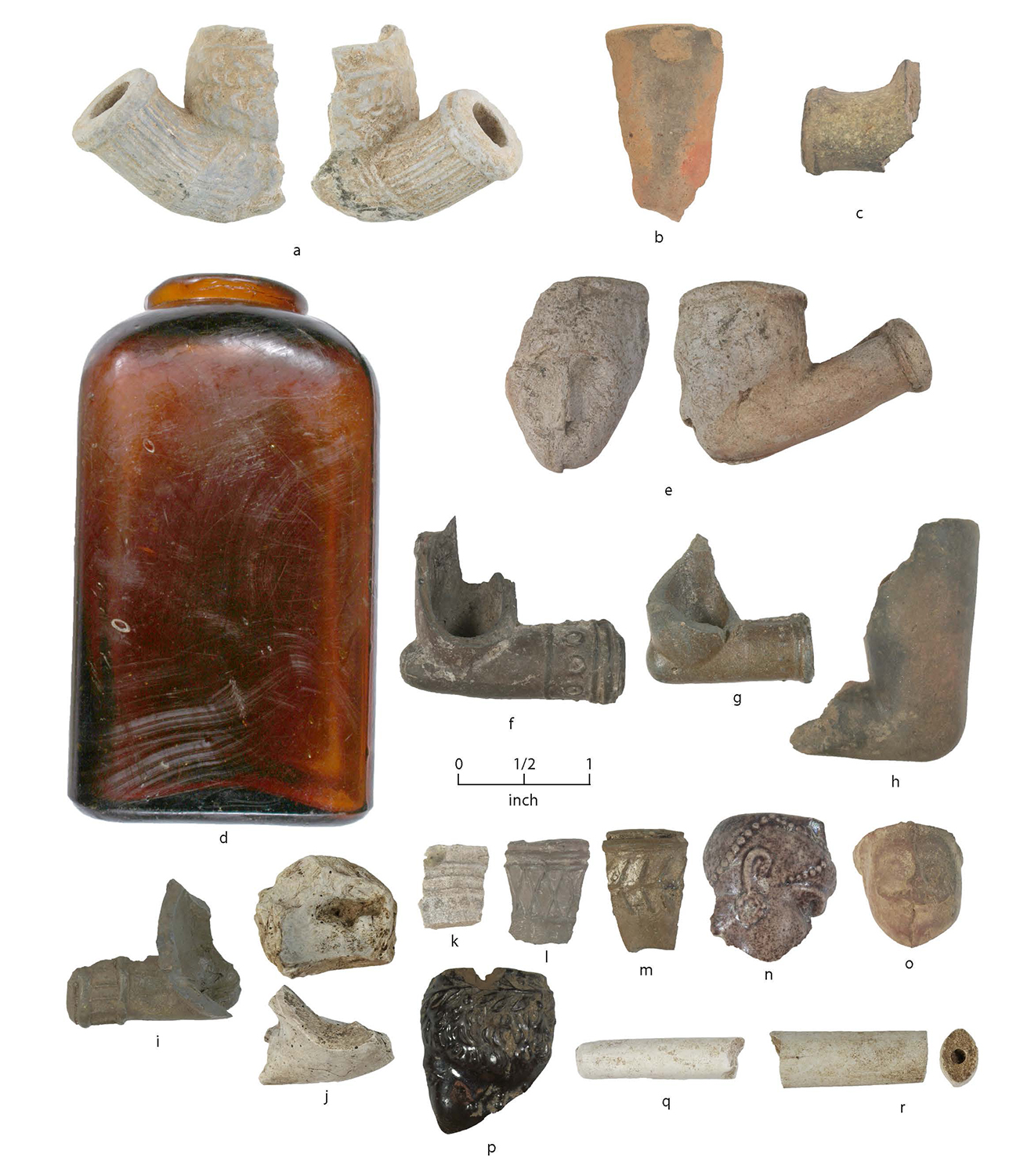 fragments of clay pipes and glass vessel fragments on a white background with a scale bar.