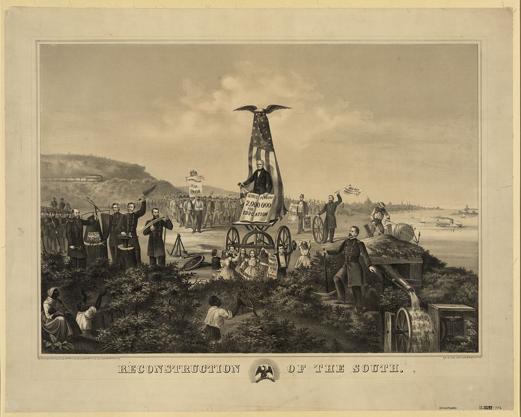 Sepia drawing of hundreds of people on the Texas coast. In the foreground are African American people in a brush looking up towards a Euro-American man on a chariot carrying a book open to pages reading 'George Pearson/ 2,000000 for education'. A cannon with water spilling from it is on the right, and a small group of soldiors weilding farm tools are on the left. A train travels across a large hill on the left background and ships are on the water on the right.