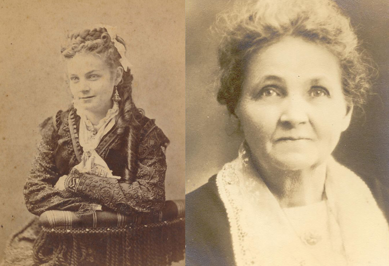 Sepia portraits of a Euro-American woman in her youth, on the left, with her hair in curls and a small smile, looking to lower left, and as an older woman, on the right, with her hair up, looking into the camera.