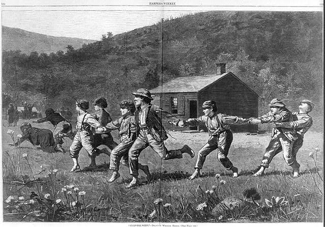 Black and white illustration of children holding hands and running with schoolhouse in background. On the left two chidren are falling down and on the right on child is playfully grabing another child around the waist.