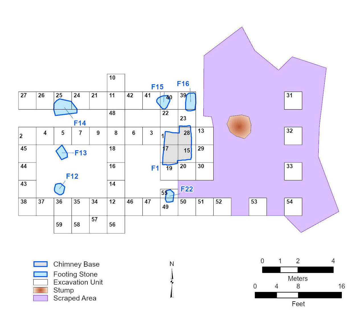 map of excavation unit layout - rows and columns of squares representing one-meter units adjacent to purple shape representing the scraped area.
