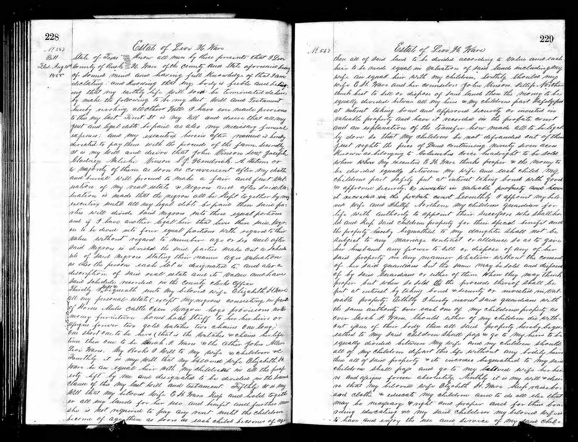 A black and white photocopy of two handwritten pages of Levi Hill Ware's will.