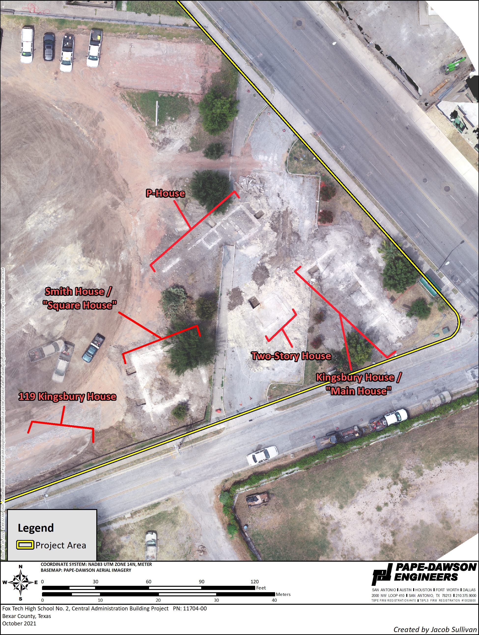 color aerial image marked with labels and outlines of house foundations and other features
