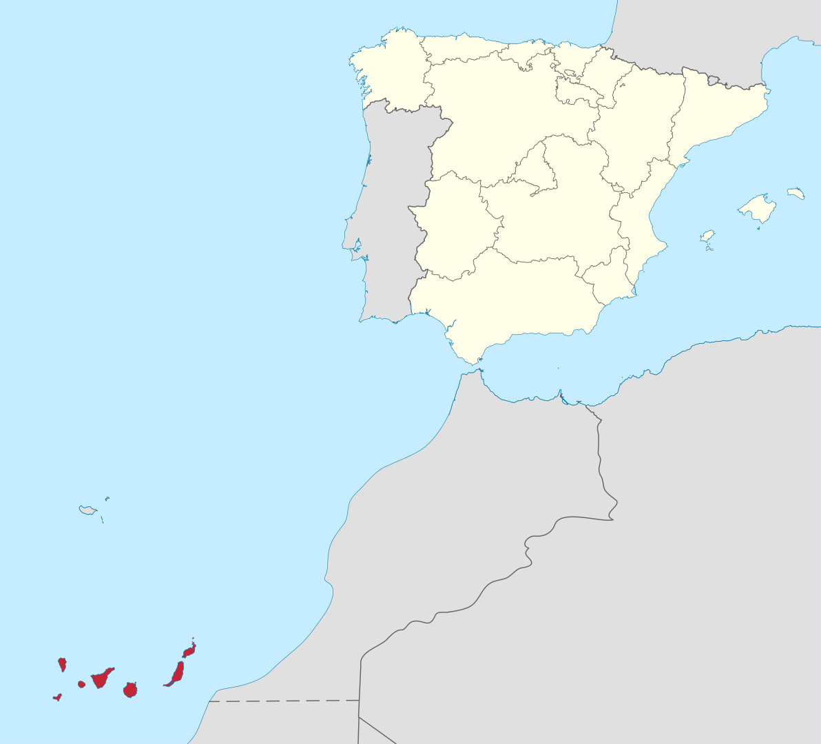 simple political digital map showing mainland Spain in relation to the Canary Islands