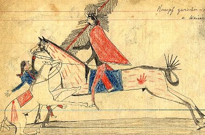 a drawing of two people on horseback