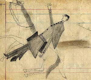 Unfinished ledger drawingof a U.S. soldier is apparently falling from his horse