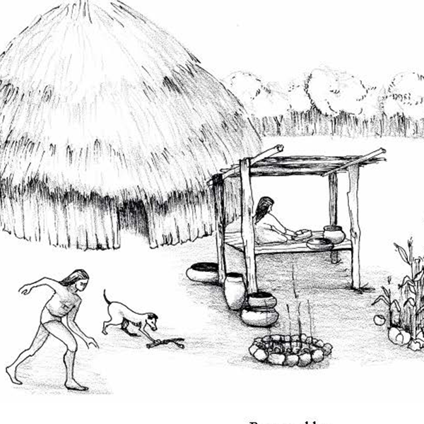black and white illustration of person and dog running in front of a brush shelter with a woman working and a bunch of pots 
