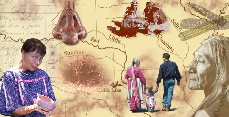 Collage of images related to Caddo Indians