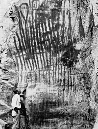 Circa 1910 photograph by A.T. Jackson showing what he describes as “the tallest known pictograph in Texas.”