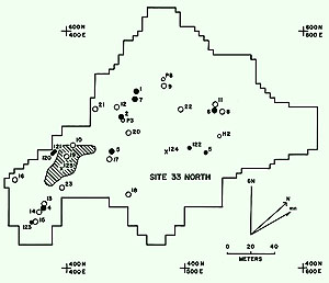 Map of the huts and fire-cracked rock features