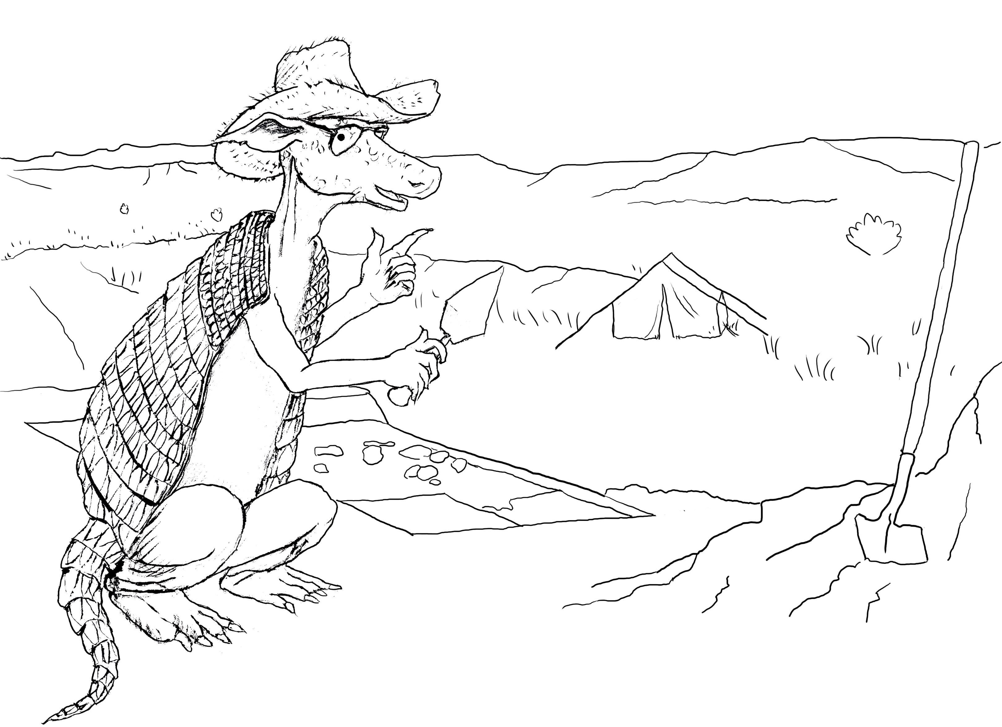 black and white line drawing of an armadillo archeologist squatting in front of an excavation with cliffs in the background