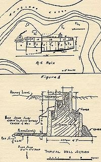 Image of drawing of site map (top) and  schematic section of room wall.