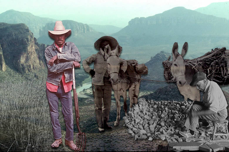 Collage of scenic panorama, modern waxmakers and a man with burros