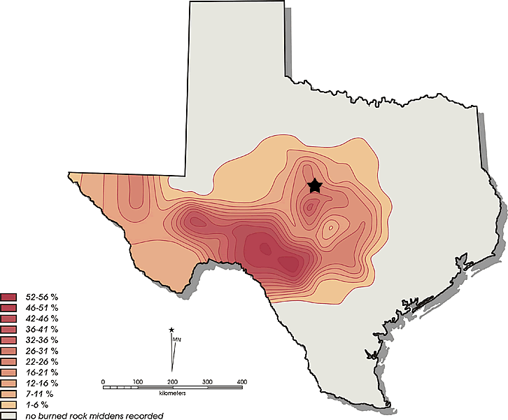 map of burned rock midden density across Texas