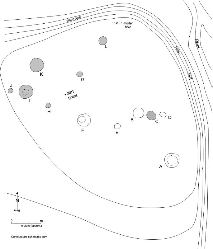 Sketch map of distribution of cairns and mortar holes on ridgetop site
