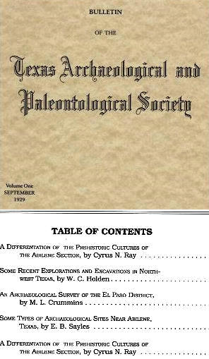 Image of the table of contents from the fFirst volume of the Bulletin of the Texas Archeological and Paleontological Society, 1929