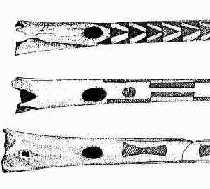 Detail of engraved flutes made from the leg bones of whooping cranes