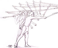 Artist's conception of how a dart or spear would have been delivered using an atlatl. Drawing by Ken Brown.