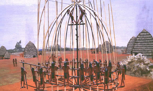 illustration of dozens of people standing in a circle holding long posts- the skeleton of a grass house