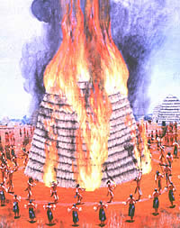 illustration of caddo celebrating as a structure is burning