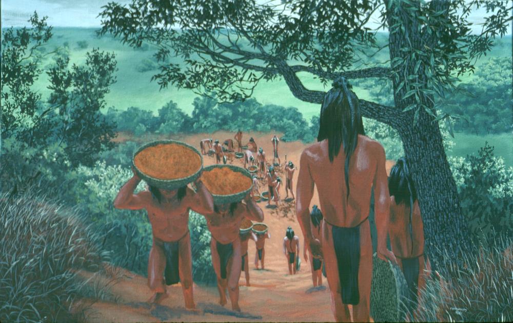 an illustration of workers carrying basketloads of dirt to build a mound