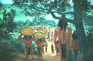an illustration of workers carrying basketloads of dirt to build a mound